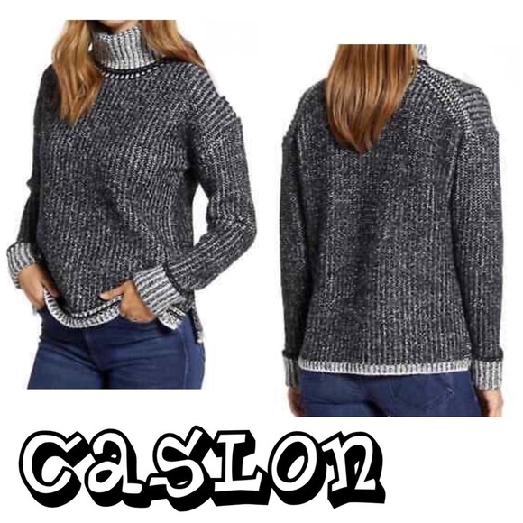 Caslon Two Tone chunky knit Turtleneck Pullover Sweater black/ivory. Warm heavy - Picture 1 of 13